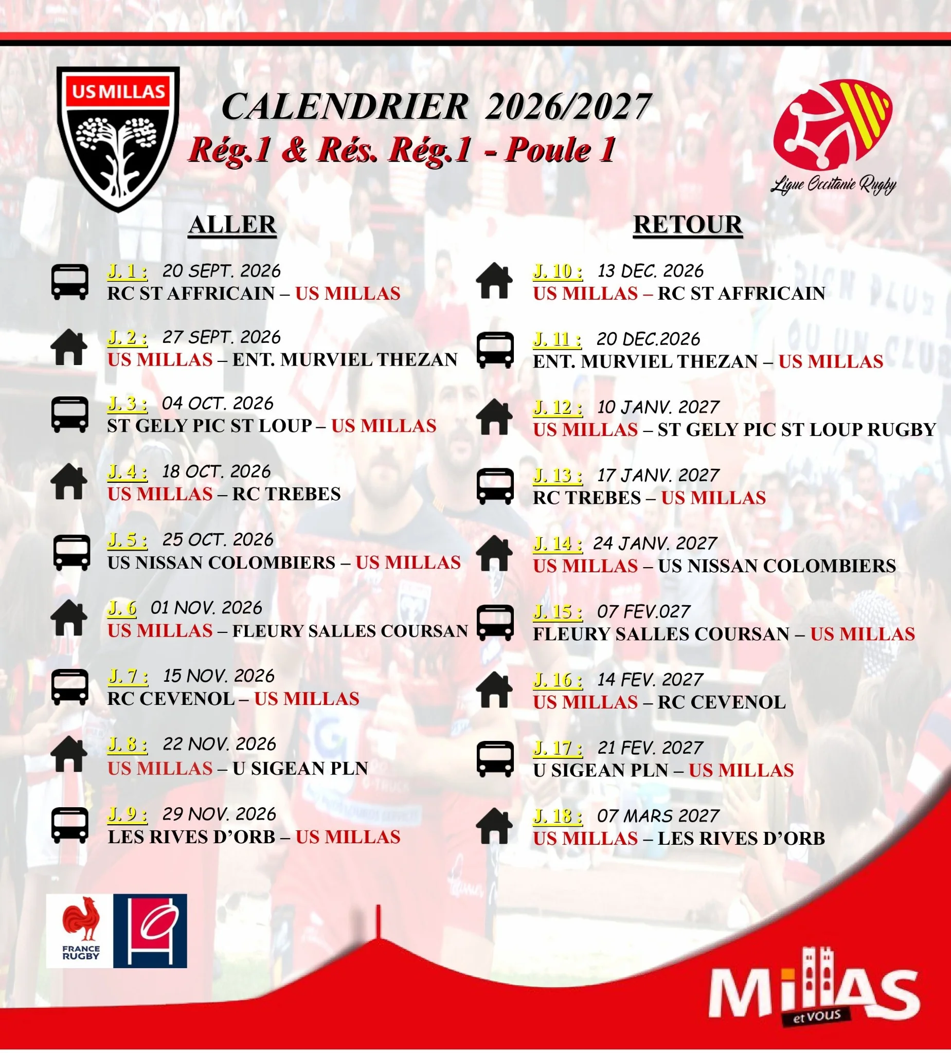 Calendrier US Millas 2026–2027 — Rég 1, Poule 1